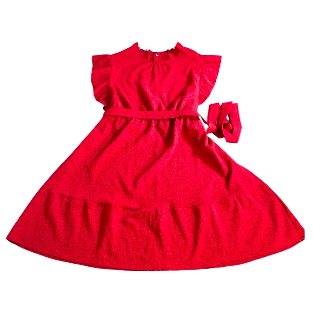 SHEIN Curve Sleeveless Ruffle Neck Belted Midi Red Dress Back Button Size 2XL - Picture 8 of 11